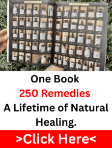 Open book showing 250 herbal remedies organized like vintage apothecary jars.
