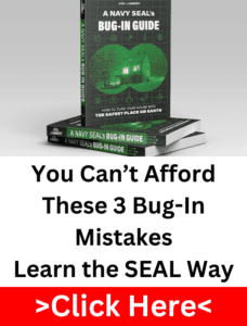 Stack of “A Navy SEAL’s Bug-In Guide” books with green tactical-themed cover.