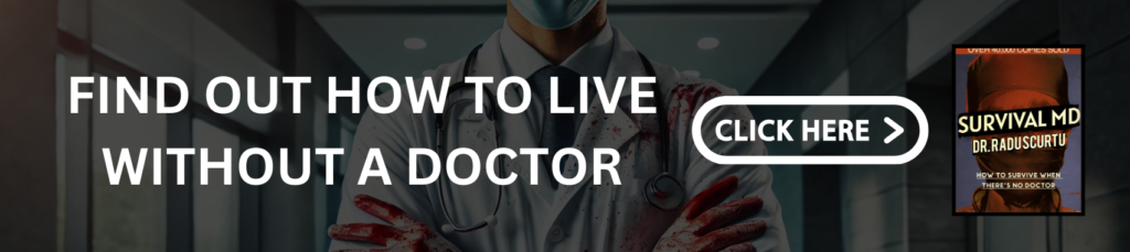 Survival guide promotion featuring a bloodstained doctor with a headline 'Find Out How to Live Without a Doctor' and a call to action button to click here.