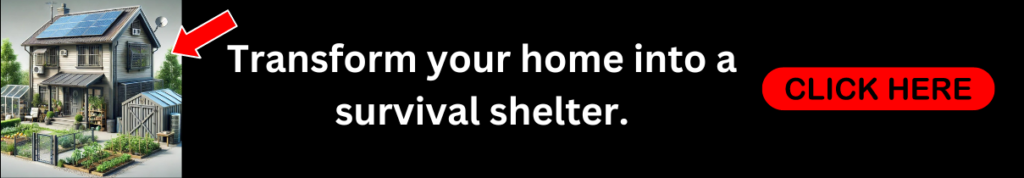 Ad featuring a well-prepared home with solar panels, garden, and secure perimeter, inviting users to transform their home into a survival shelter with a clickable call-to-action button.