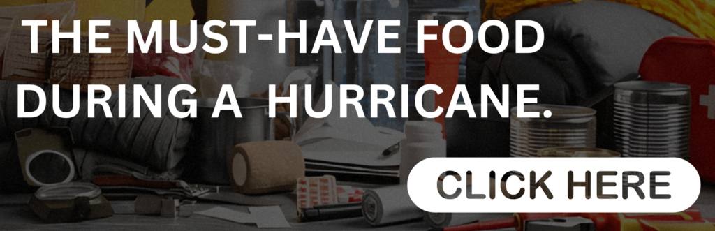 Banner promoting essential hurricane survival food with an emergency preparedness kit in the background.

