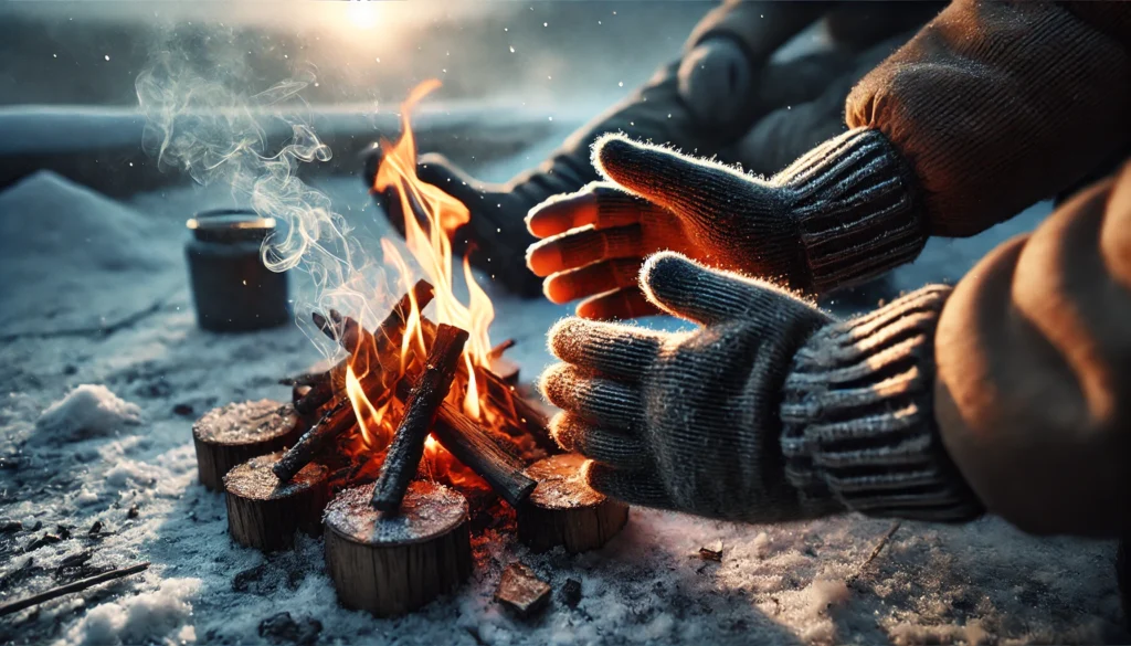 Hands in warm gloves reaching out to a campfire on a snow-covered ground in a cold outdoor environment. Picture for Preventing Hypothermia section