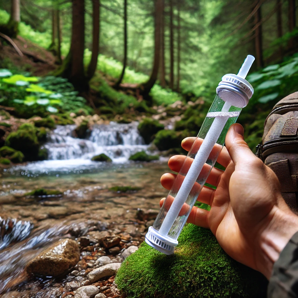 Close-up of a person holding a portable straw-style water filter by a clear stream in a forest, illustrating water filtration in the wild.