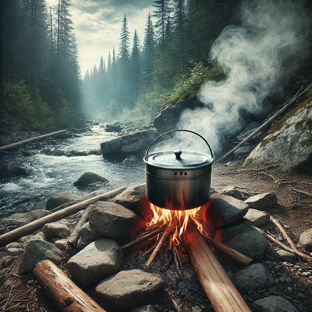 Metal pot of water boiling over a campfire in a wilderness setting, used for water purification.