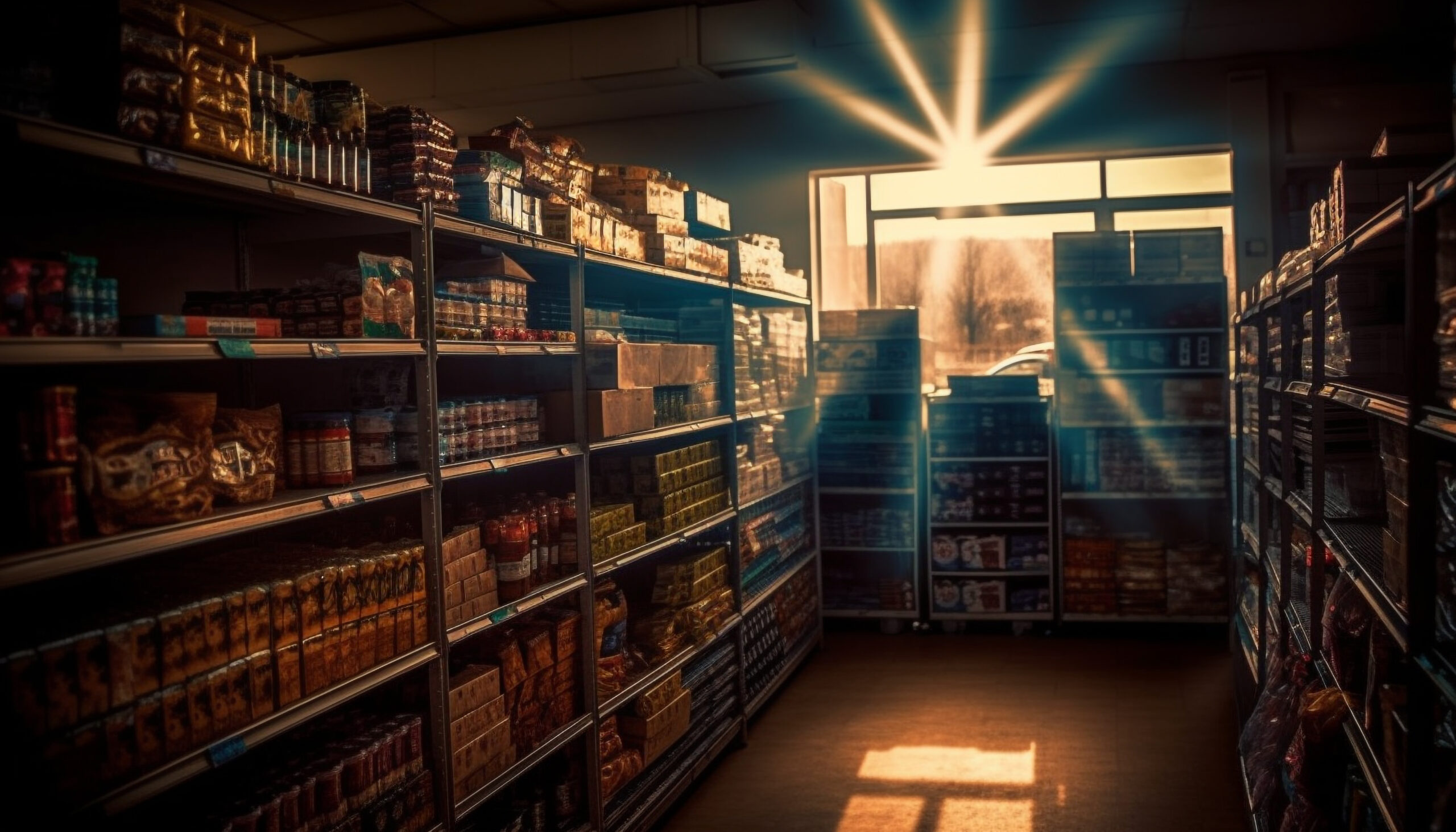 A beautifully lit pantry showcasing organized shelves filled with various food items. The image highlights the importance of proper food storage methods to maintain food safety, prevent spoilage, and ensure a steady supply of essentials. This setting reflects a key aspect of preparedness and long-term food storage planning