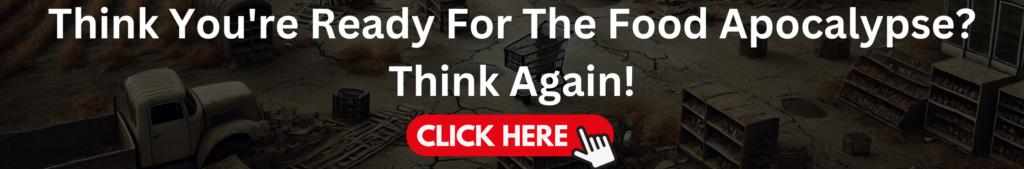 Banner image with the text 'Think You’re Ready For The Food Apocalypse? Think Again!' over a post-apocalyptic scene of an abandoned supermarket, featuring a red 'Click Here' button for survival information.