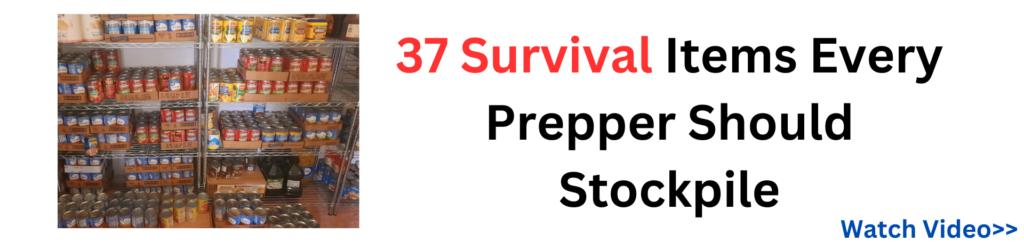 Image of a prepper's food stockpile with text: '37 Survival Items Every Prepper Should Stockpile.