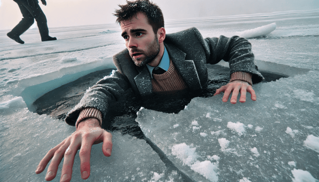 Man struggling in icy water after falling through broken ice, trying to stay calm and follow survival steps.