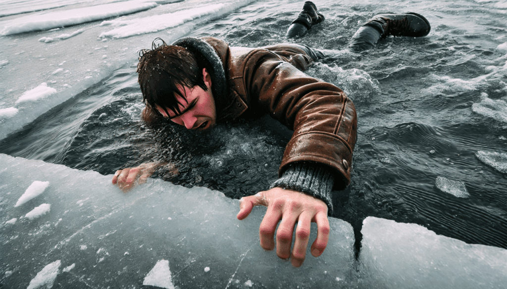 Man spreading his weight across the ice while attempting to pull himself out of freezing water after falling through.