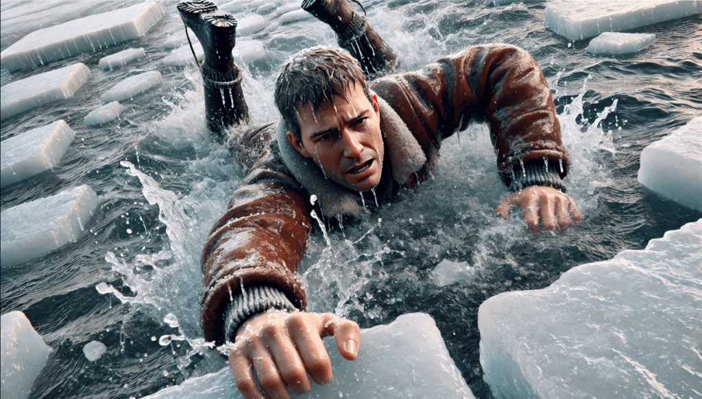 Man kicking and pulling himself onto the ice after falling into freezing water, using arms and legs to escape the icy water.