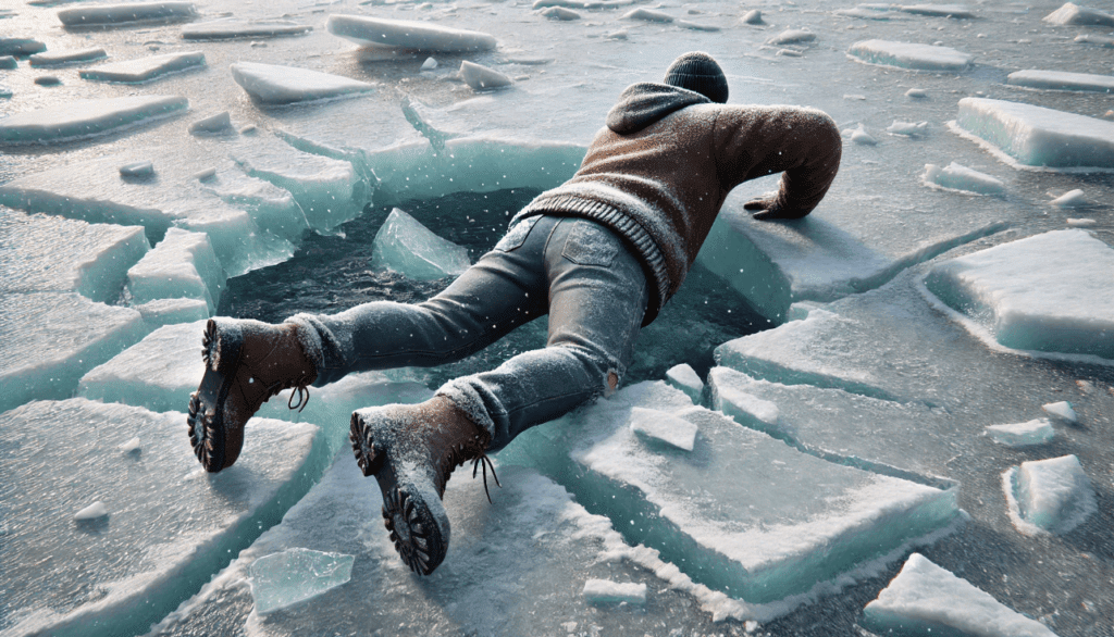 Person rolling away from a hole in the ice to spread body weight and avoid breaking through again after escaping freezing water.