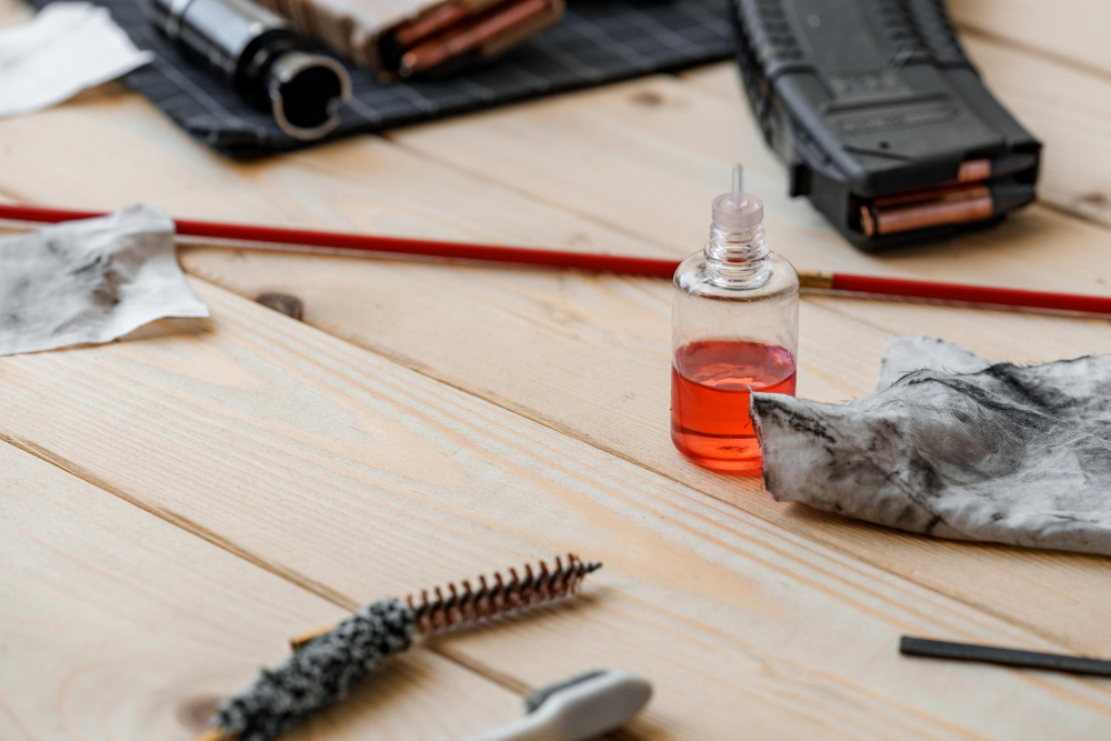 Gun cleaning supplies with oil bottle, bore brush, cleaning patches, and magazine on a wooden surface.