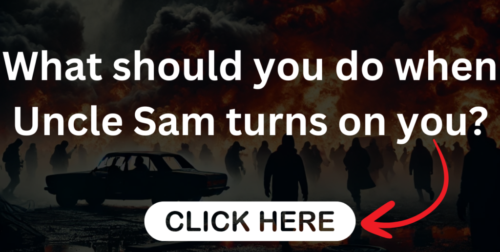 Silhouettes of people and a car in front of a fiery background with the text "What should you do when Uncle Sam turns on you?