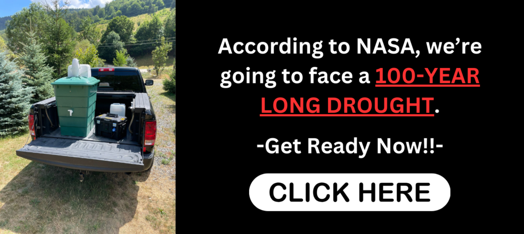 A pickup truck bed loaded with water storage and preparedness supplies alongside text warning about a 100-year drought, encouraging preparation.