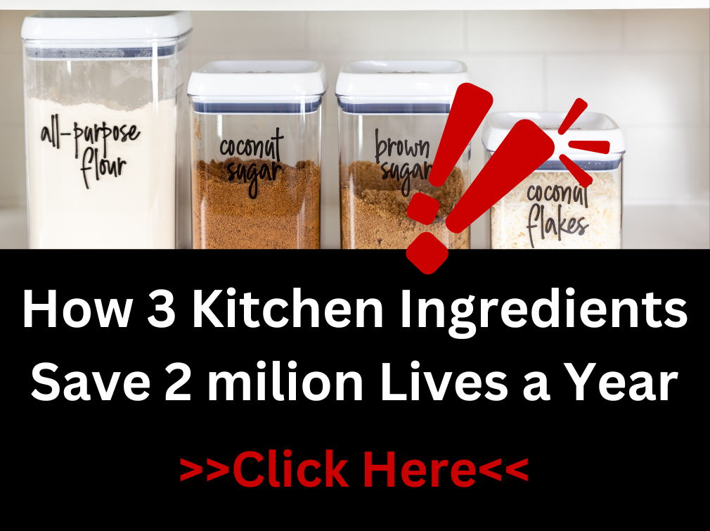 Containers of kitchen staples like flour, sugar, and coconut flakes with the text "How 3 Kitchen Ingredients Save 2 Million Lives a Year.