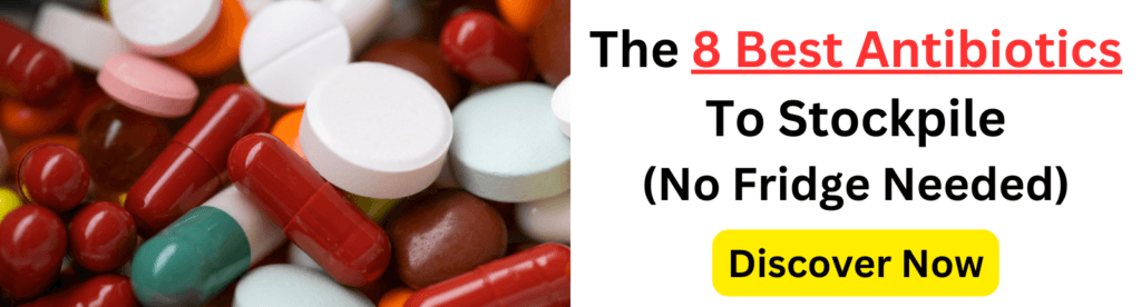 Ad promoting the 8 best antibiotics to stockpile, featuring colorful pills and tablets with a call-to-action: 'Discover Now'