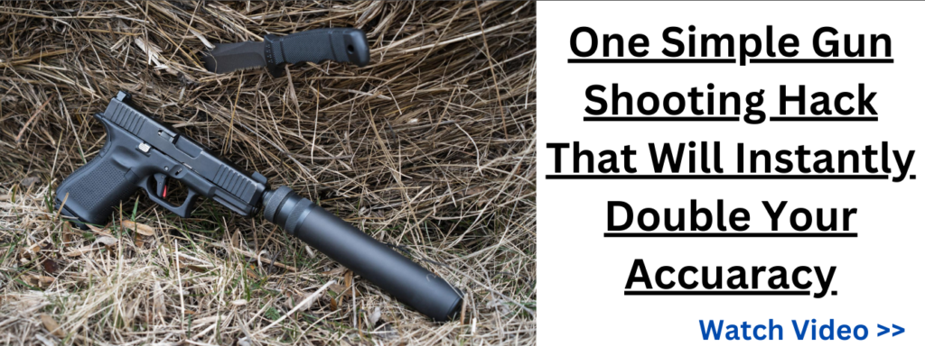 Black handgun with a suppressor and knife lying on dry grass, promoting a video on a simple gun shooting hack to double accuracy.