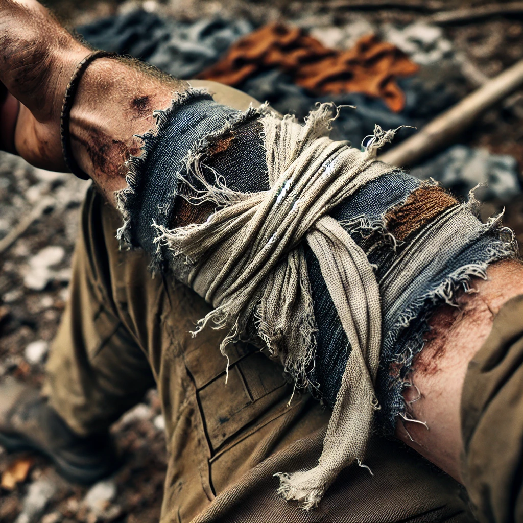 An arm wrapped in a makeshift bandage made from torn fabric scraps, showcasing a survival use for old clothing in emergencies.