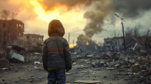 A child in a winter coat stands amidst a destroyed urban landscape, with smoke rising from the ruins and the sky glowing orange from fires.