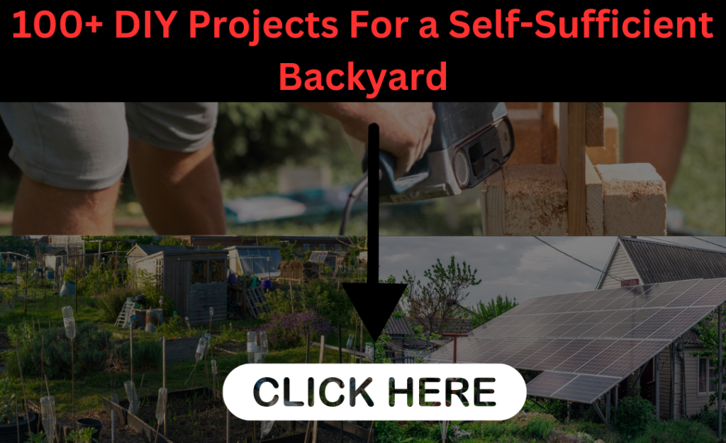 Banner promoting 100+ DIY projects for a self-sufficient backyard, featuring gardening, woodworking, and solar panel installations.