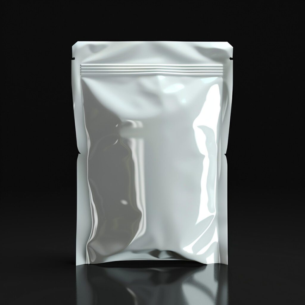 Shiny sealed storage bag on a black surface, ideal for food preservation and long-term storage.