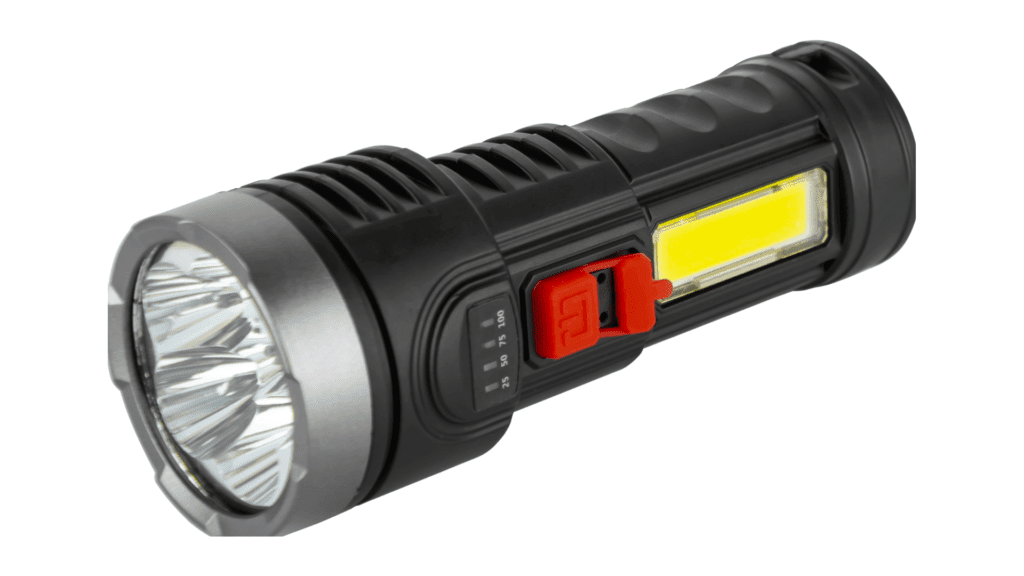 Black and silver LED flashlight with bright side panel, perfect for emergency lighting during winter power outages.