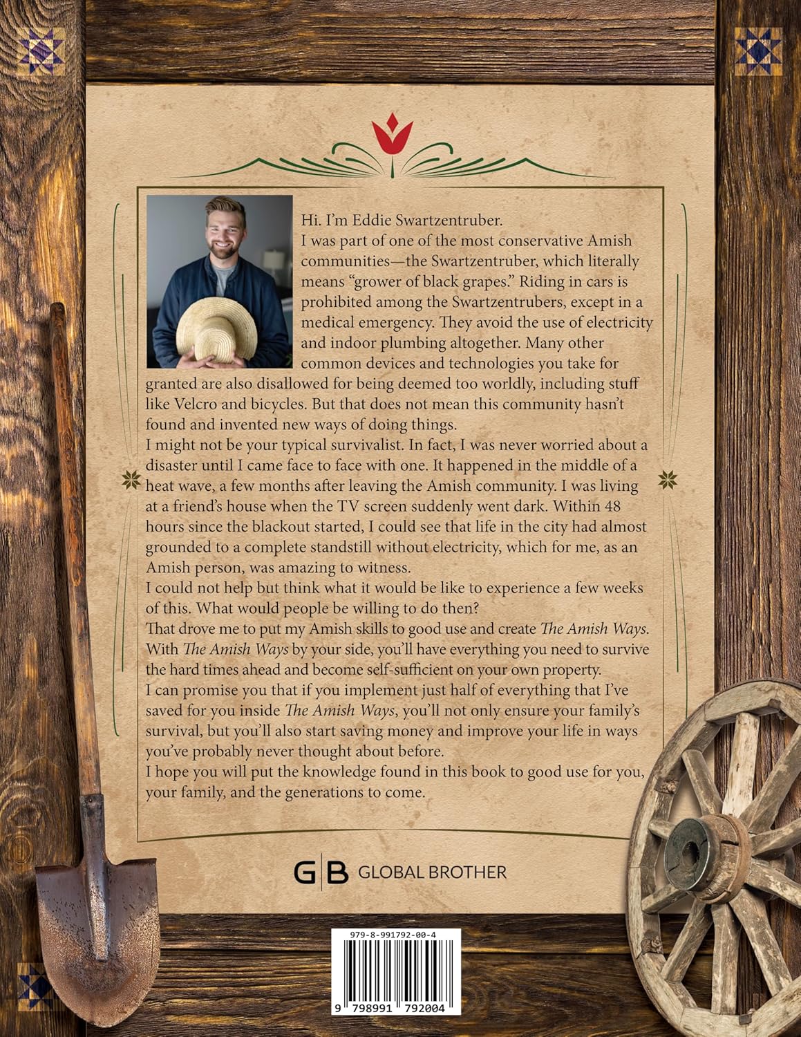 The back cover of The Amish Ways by Eddie Swartzentruber, featuring the author's biography, a rustic wooden frame with survival elements, and a message about Amish self-sufficiency and preparedness.