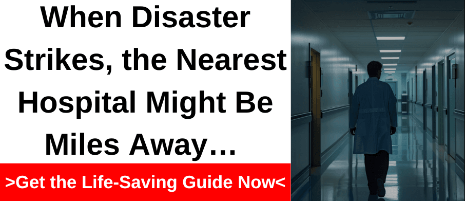 Doctor walking down an empty hospital hallway, symbolizing a lack of medical help in an emergency. Survival medical preparedness banner.
