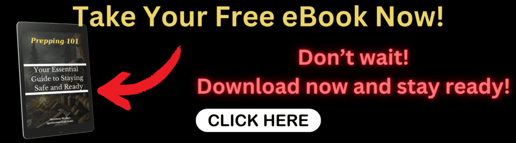 Promotional banner for a free survival eBook titled "Prepping 101: Your Essential Guide to Staying Safe and Ready," featuring a call-to-action to download now.