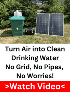 A solar-powered water system with a green collection tank, solar panels, and filtration setup for off-grid water independence.