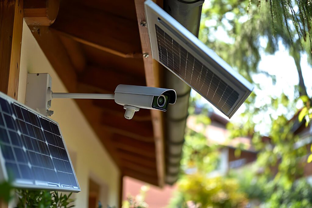 A solar-powered security camera mounted on a house, featuring two solar panels for continuous power supply and surveillance, even during blackouts.