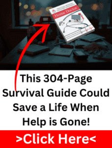 A dimly lit emergency setting with a survival medical guide highlighted, emphasizing preparedness when professional help is unavailable.