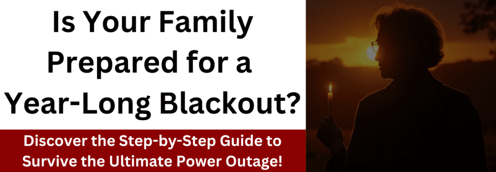 A survival preparedness banner with bold text asking, "Is Your Family Prepared for a Year-Long Blackout?" featuring a woman holding a candle in the dark with a sunset in the background. The banner emphasizes emergency preparedness and promotes a step-by-step survival guide.