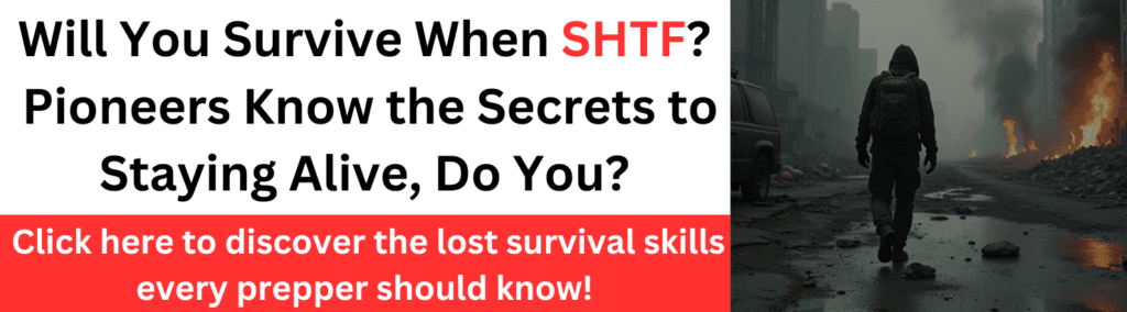 Survival-themed banner featuring a lone prepper walking through a post-collapse city with fires burning, emphasizing the importance of pioneer survival skills.