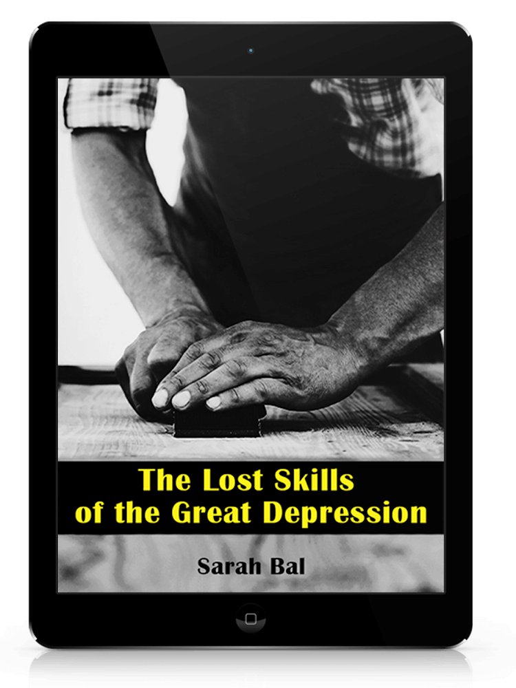 Digital book cover of The Lost Skills of the Great Depression showing hands working with wood — bonus survival guide included with The Forgotten Home Apothecary.
