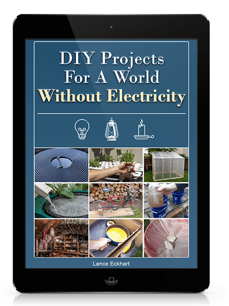 Digital book cover of DIY Projects for a World Without Electricity showing off-grid water, food, and energy projects — free bonus with The Forgotten Home Apothecary.