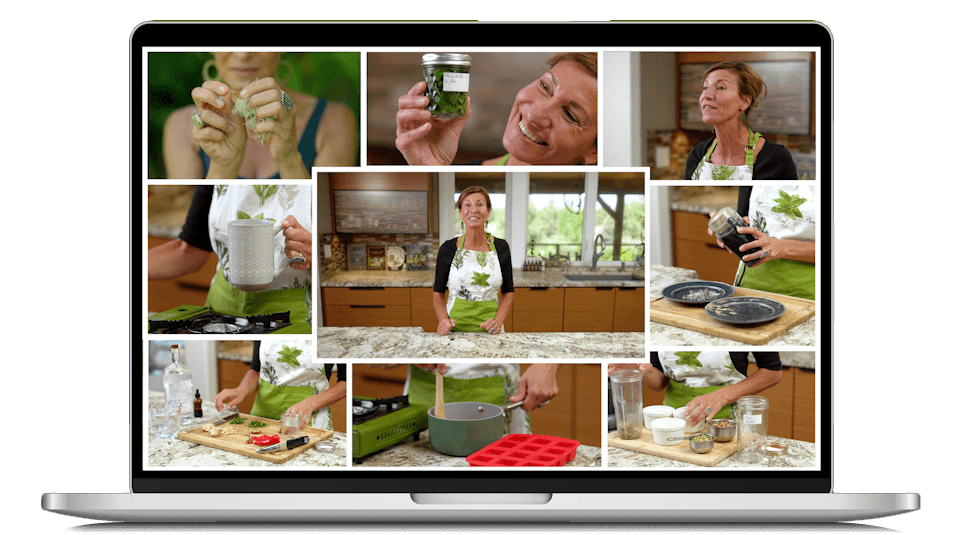 Laptop screen showing a collage of herbal remedy tutorials — step-by-step video collection included with The Forgotten Home Apothecary by Dr. Nicole Apelian.