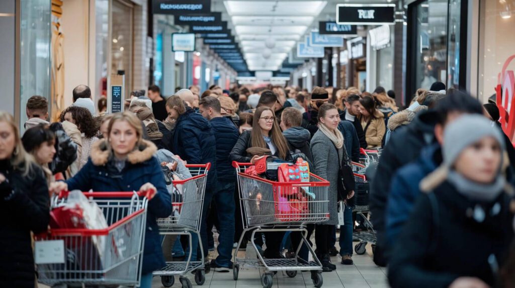 Crowds of shoppers with full carts lining up inside a store during panic buying and food supply chain disruption.