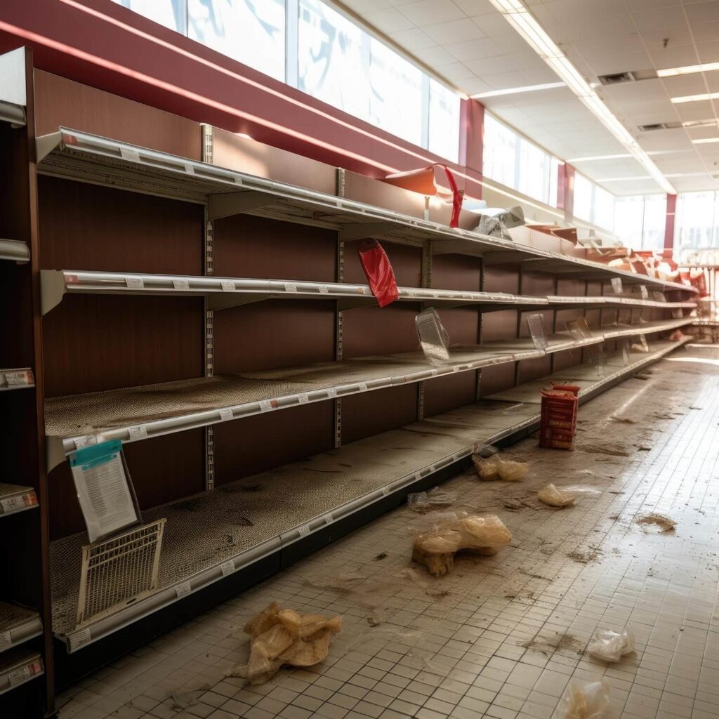 Empty grocery store shelves with scattered debris after panic buying during a food supply chain disruption.
