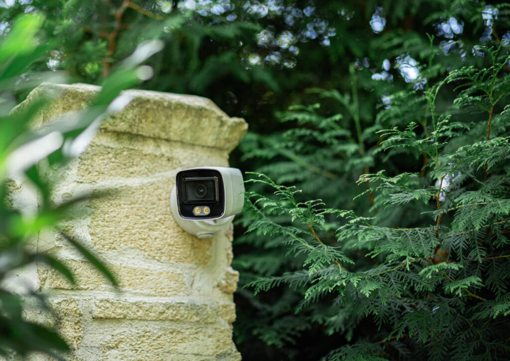 Visible outdoor security camera mounted on a stone wall near trees