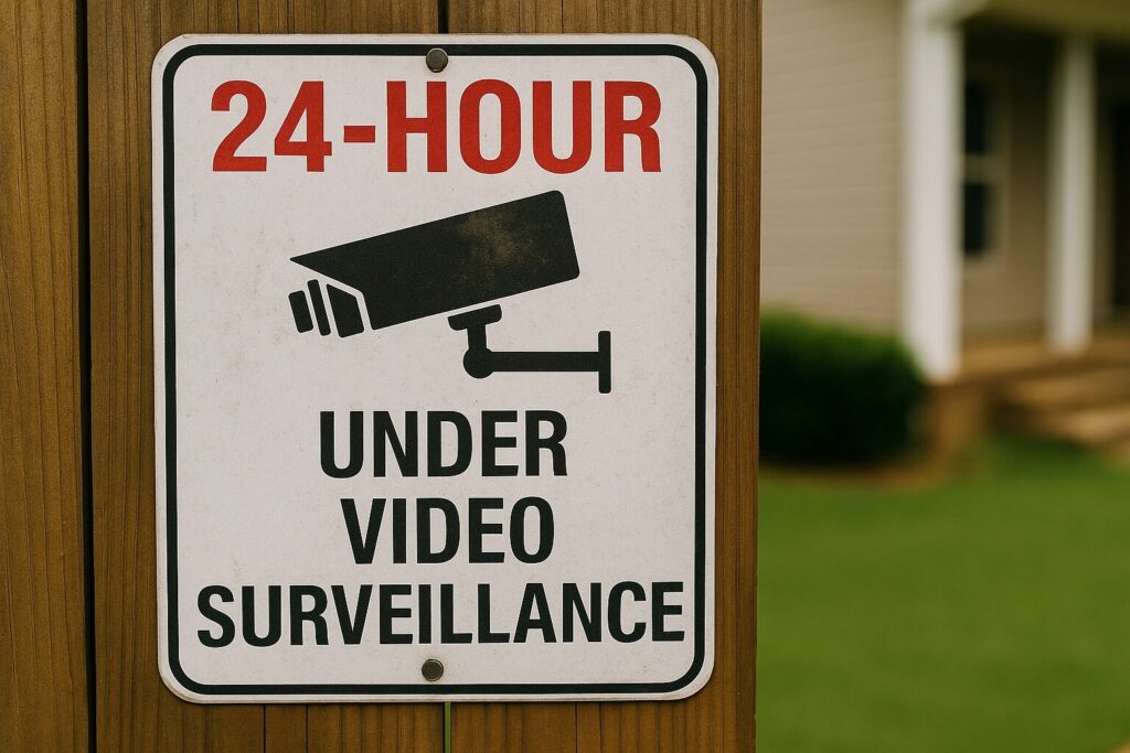 Realistic 24-hour video surveillance sign mounted outdoors