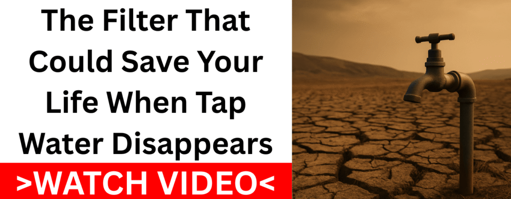 Dry cracked earth with a tap in a drought landscape and emergency water filter warning