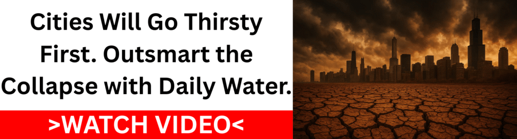 City skyline under drought warning with message to secure daily water supply