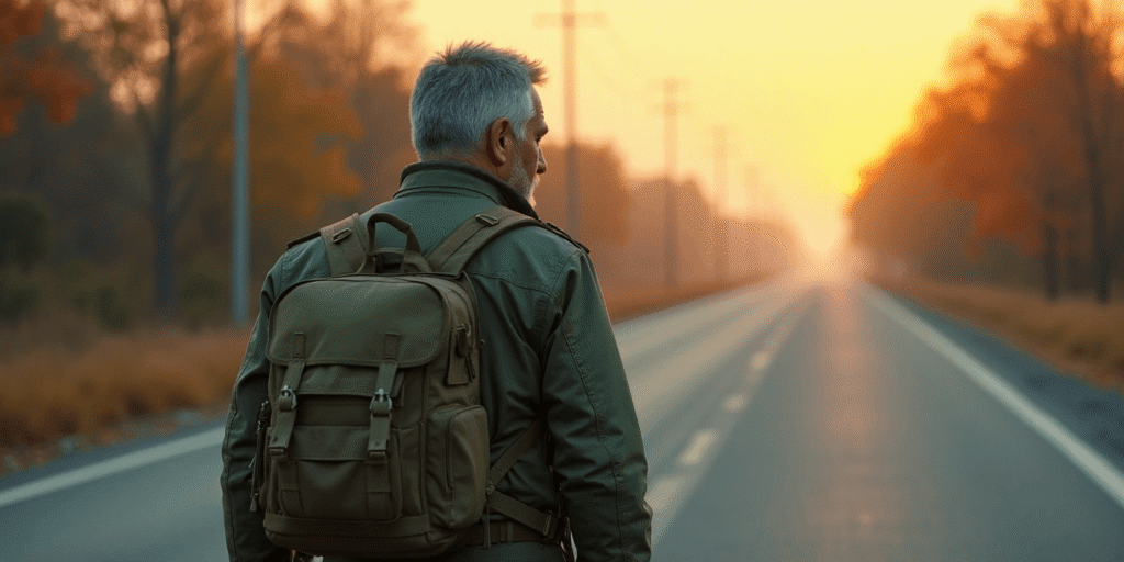 Middle-aged prepper with bug-out bag walking alone down an empty road at sunset