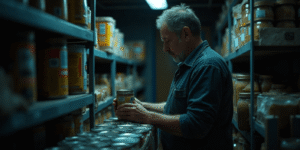 Prepper inspecting food supply in home storage room for expiration or damage