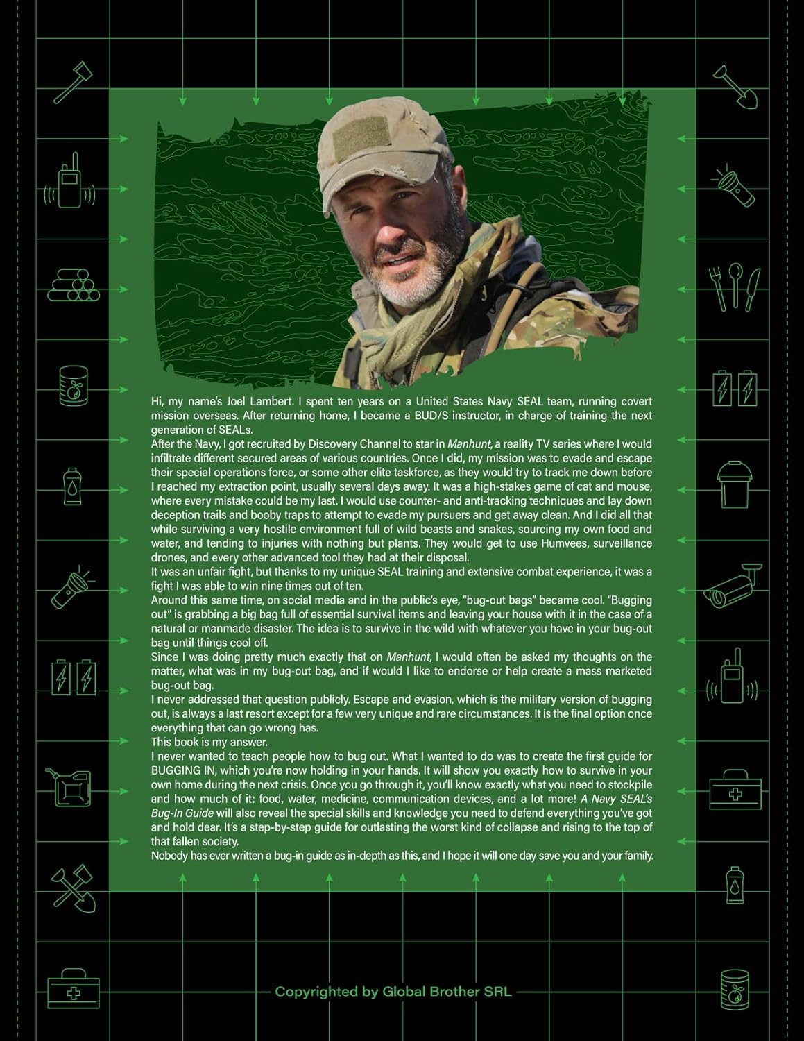 Joel Lambert in tactical gear on the back cover of A Navy SEAL’s Bug-In Guide