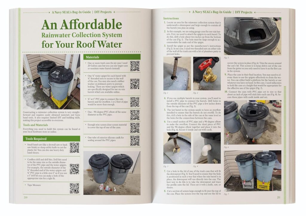 DIY rainwater collection system project from A Navy SEAL’s Bug-In Guide using trash cans and PVC pipes