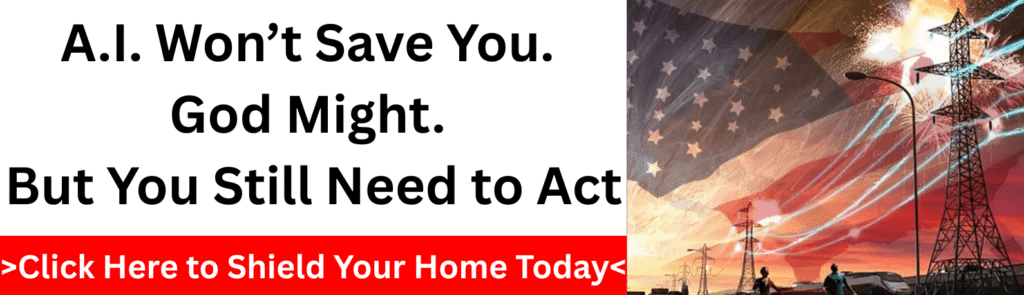 Banner with EMP threat and American flag warning about AI and grid collapse survival

