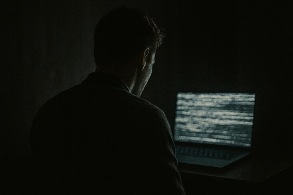 Man in dark room facing glitching laptop screen, symbolizing cyberattack and digital collapse