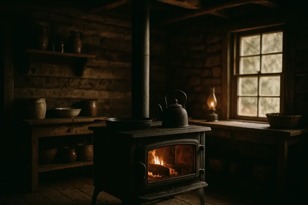 Cast iron wood-burning stove heating a rustic off-grid kitchen with kettle and pan on top
